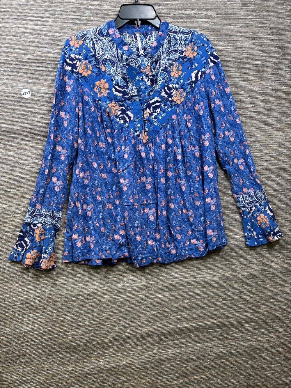 Free People Womens Size XS Blue Floral Paisley Boho Peasant Tunic Blouse